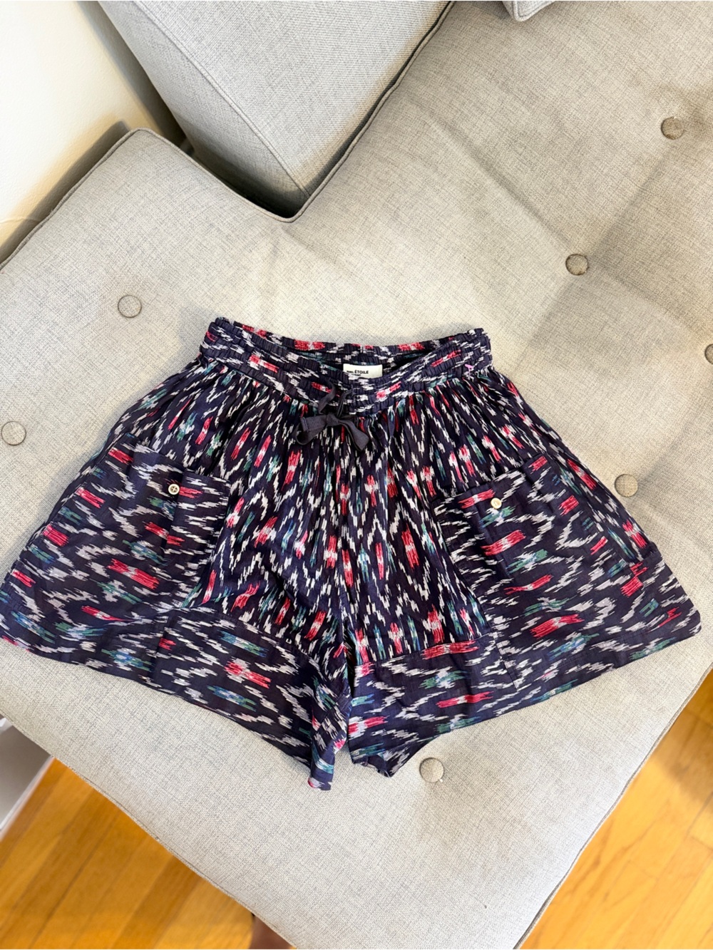 Isabel Marant Navy Ikat-Print Elastic Waist  Shorts with Red & Teal Accents szS